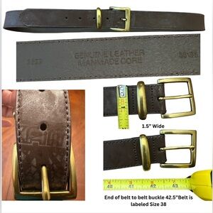 Men’s KAM Dark Brown Leather Belt with Brass Color Buckle Size 38